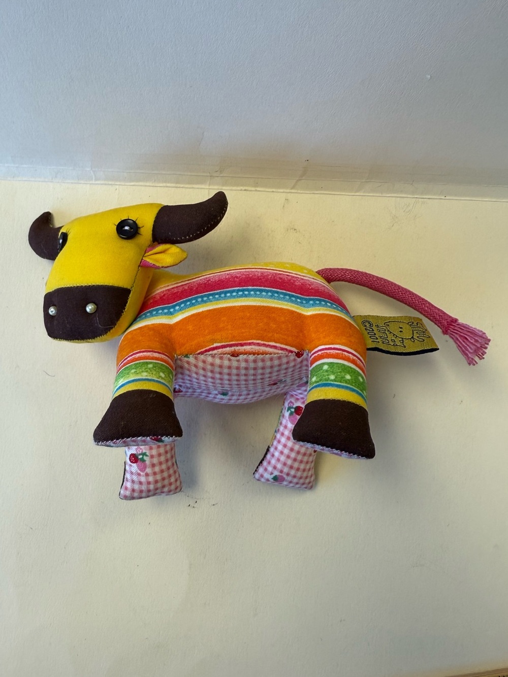Vintage 2003 Colorful Whimsical Plush Cow Moveable Head Yellow, Orange & Pink.